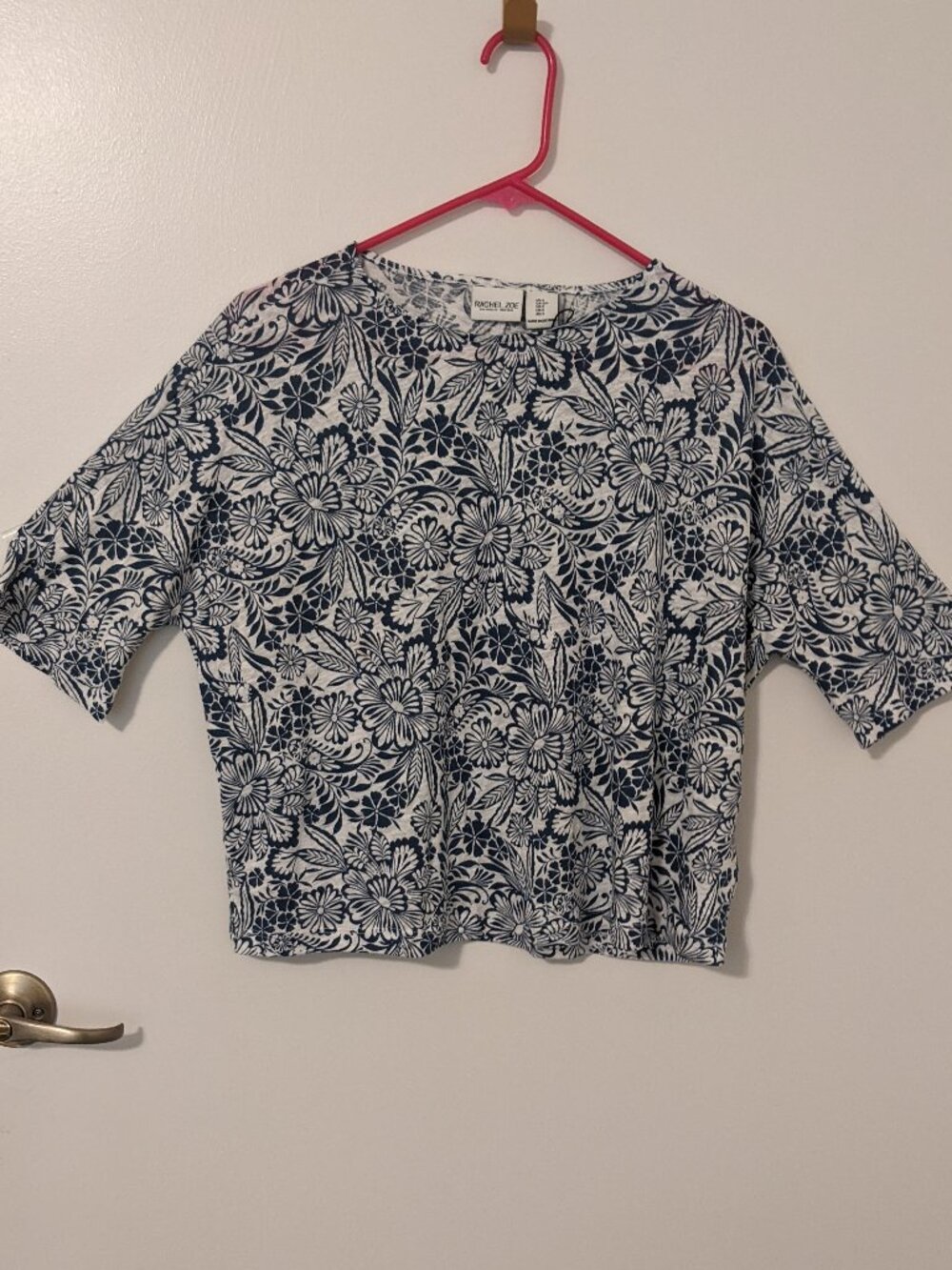Rachel Zoe S Navy White Floral Crop Top Linen SS Feminine Cottagecore Coquette